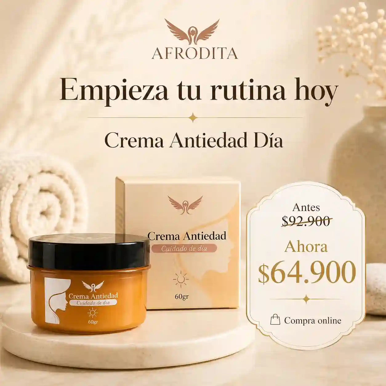 Afrodita Crema Antiedad Día- Hidratación, luminosidad y firmeza visual en un solo paso.