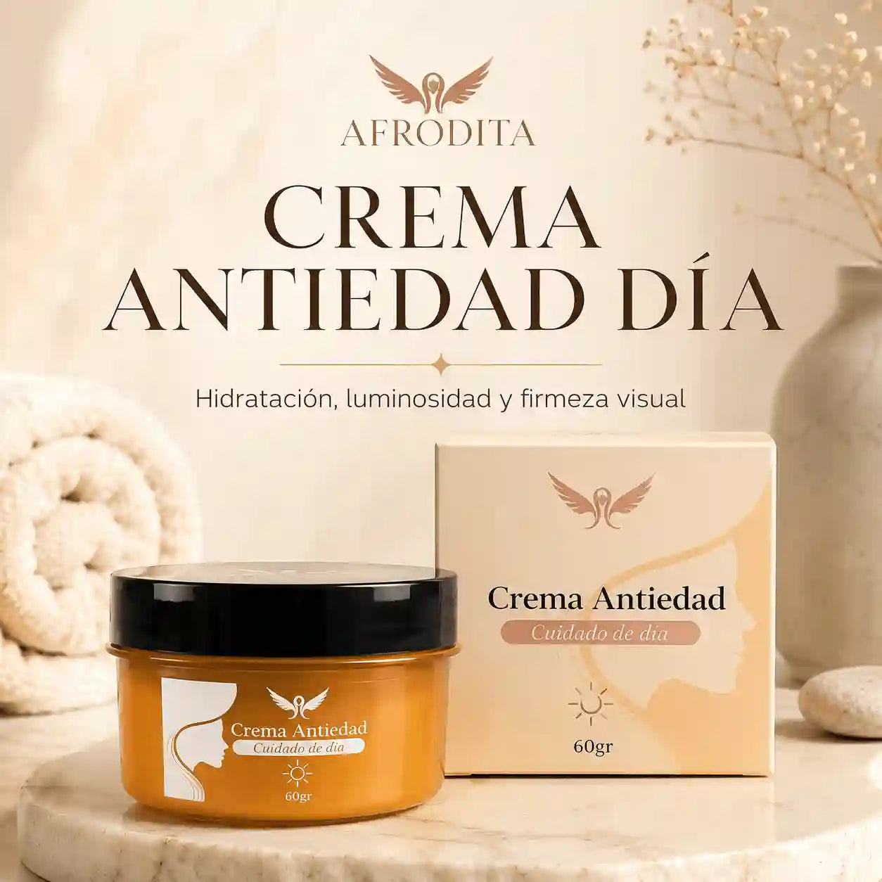 Afrodita Crema Antiedad Día- Hidratación, luminosidad y firmeza visual en un solo paso.