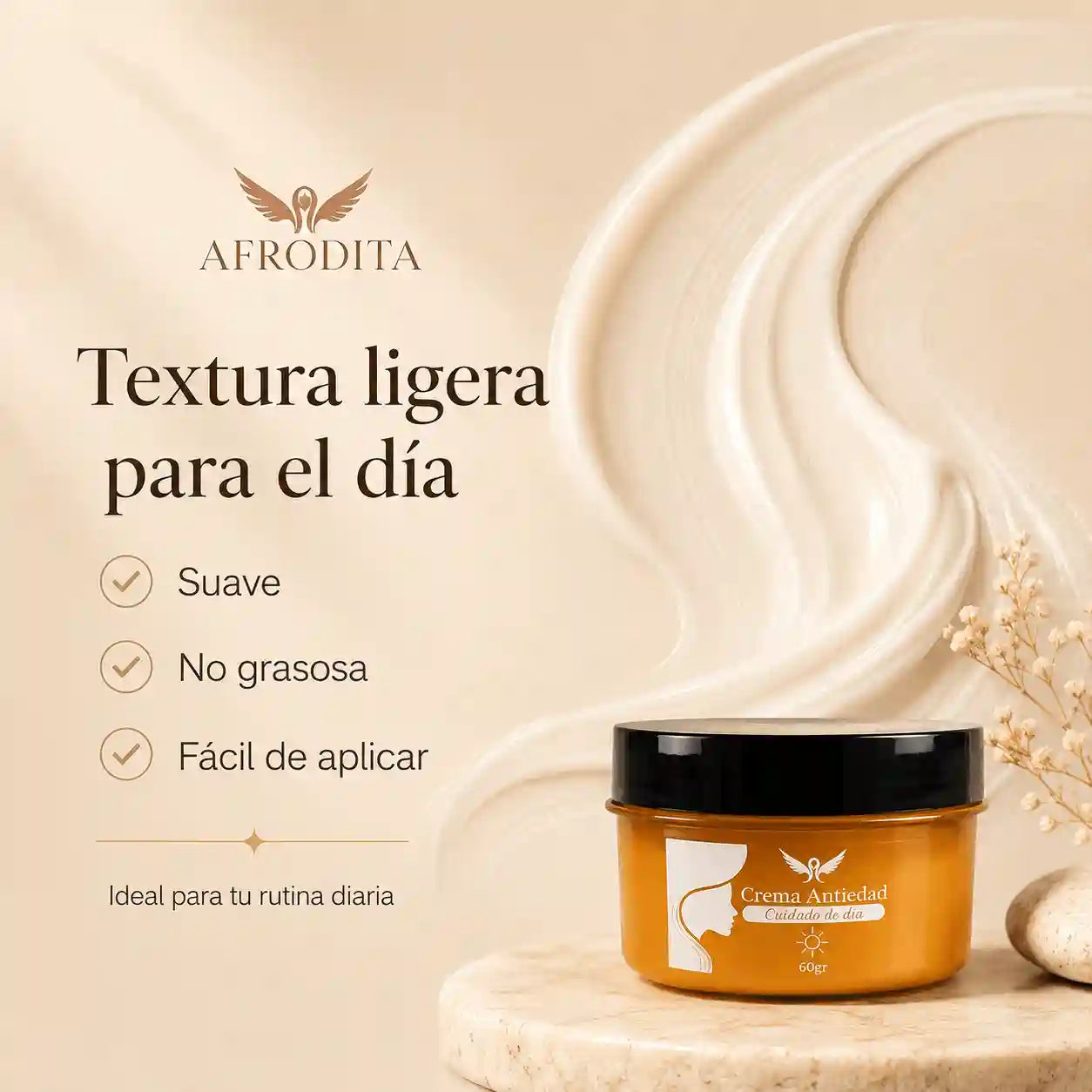 Afrodita Crema Antiedad Día- Hidratación, luminosidad y firmeza visual en un solo paso.