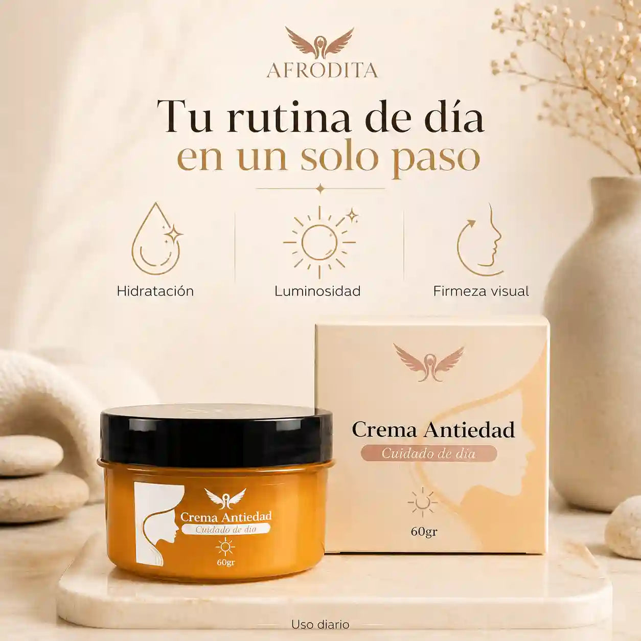 Afrodita Crema Antiedad Día- Hidratación, luminosidad y firmeza visual en un solo paso.