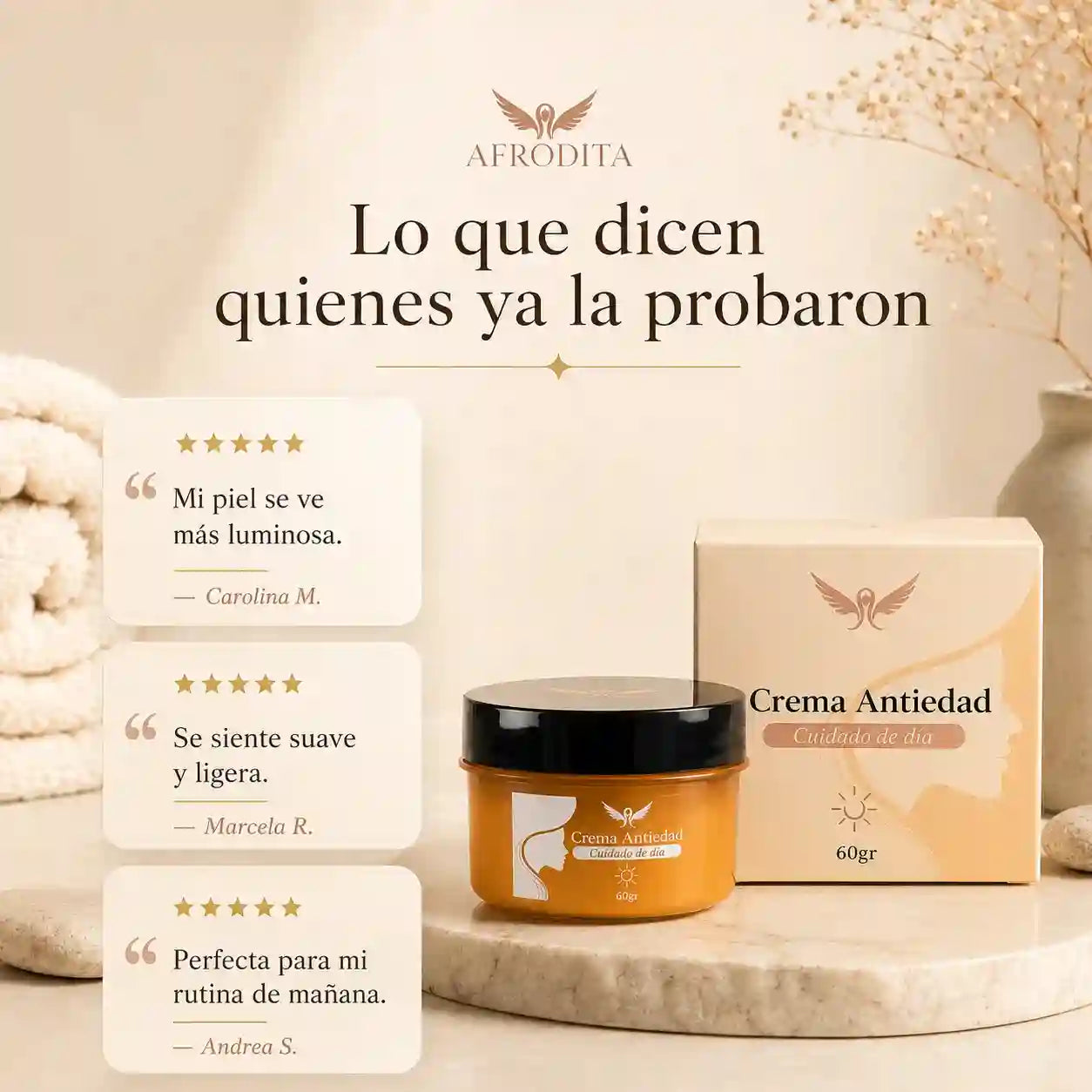 Afrodita Crema Antiedad Día- Hidratación, luminosidad y firmeza visual en un solo paso.